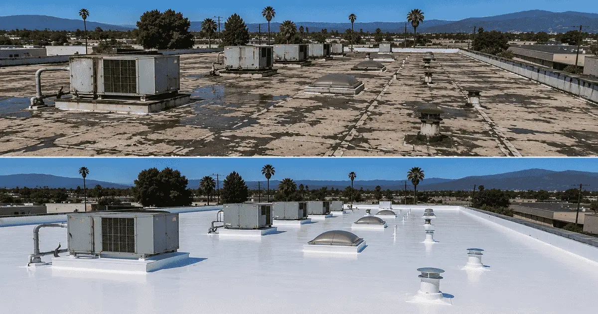 before and after photos of an aged commercial roof and the bottom after image is the completed liquid-applied roof coating and restoration system by Method Roofing Group