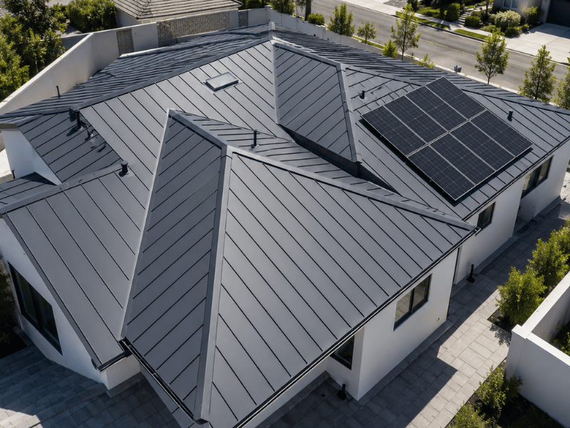 Aerial view of a charcoal standing seam metal roof on a contemporary Southern California residential home with solar panels.