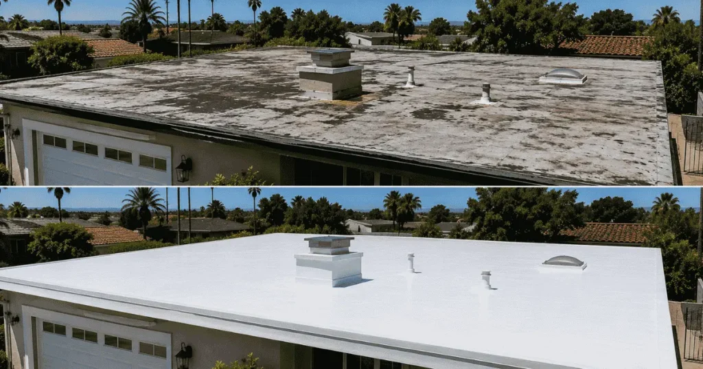 before and after photos of an aged residential flat roof and the bottom after image is the completed liquid-applied roof coating and restoration system by Method Roofing Group