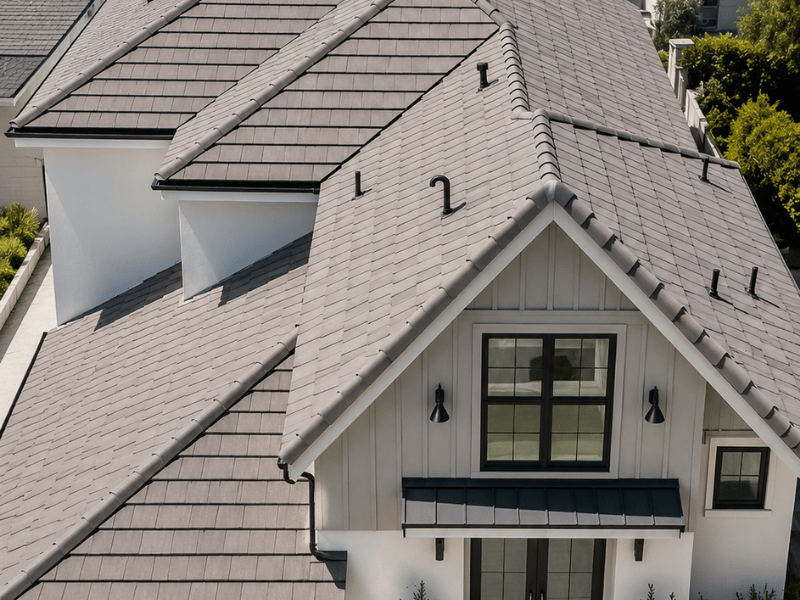 Aerial view of a modern farmhouse home with a slate-gray concrete tile roof in coastal Southern California, with ocean and palm trees visible in background.