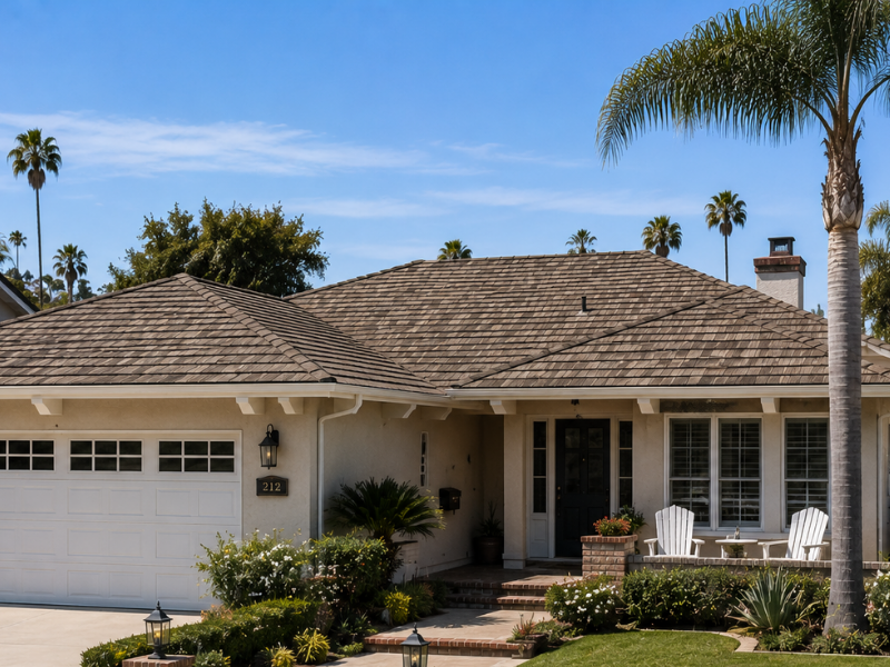 Single-story Southern California home with an architectural asphalt shingle roof, stucco exterior, and palm trees.