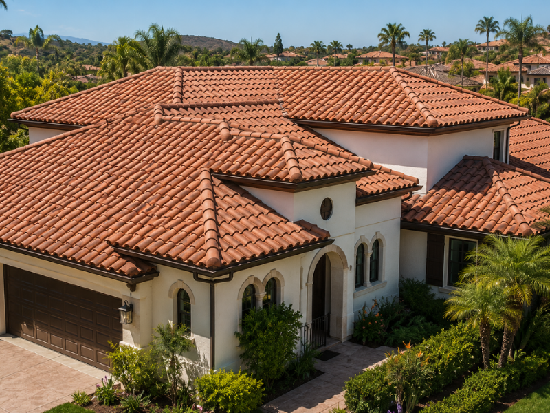 Spanish-style Southern California home with a blended-brown concrete barrel tile roof and arched stucco architecture.