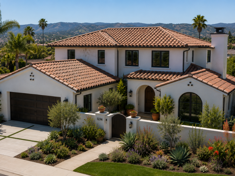 Spanish-style Southern California home with a blended-brown clay barrel tile roof and arched stucco architecture.