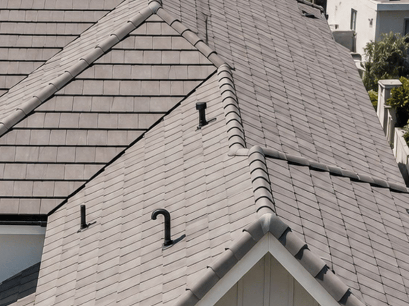 erial view of a flat-profile concrete tile roof with barrel ridge caps on a Southern California residential home.