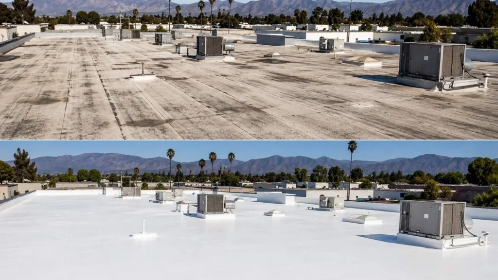 Industrial roof restoration before and after in Southern California — aged commercial flat roof restored with white silicone coating system