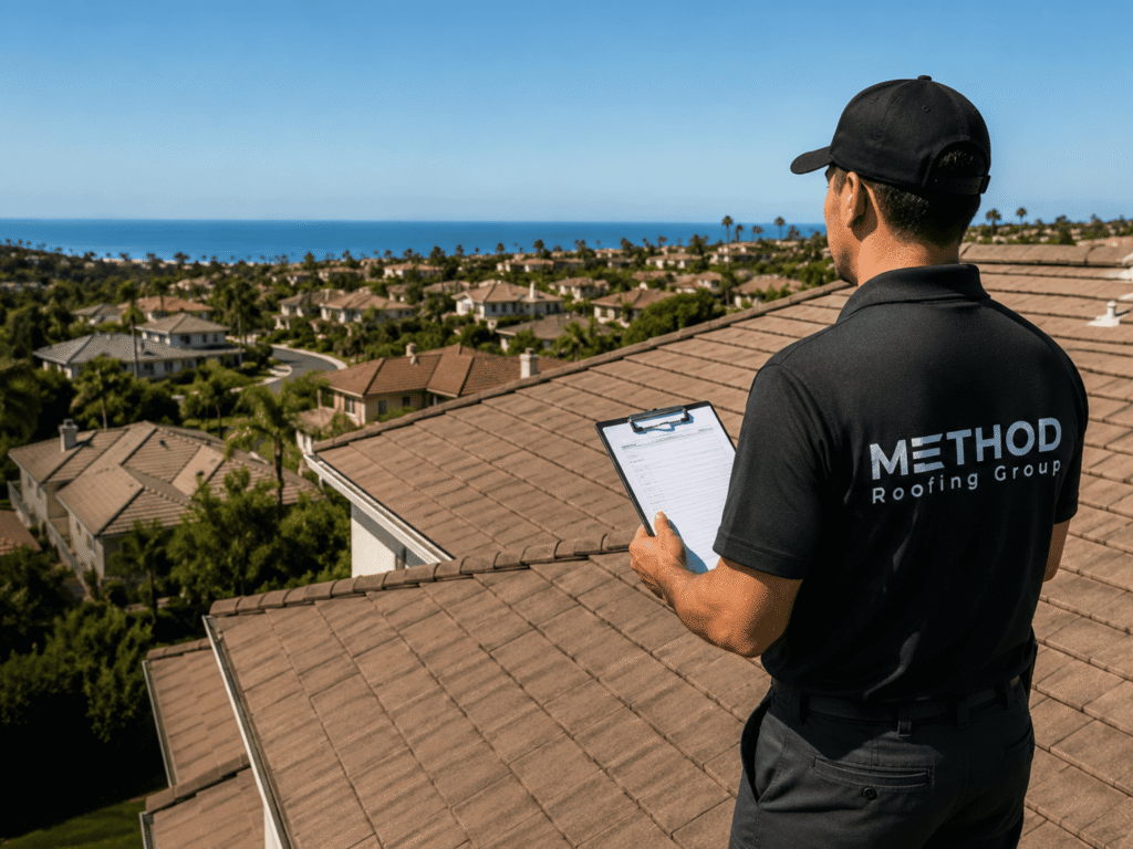 Method Roofing Group inspector conducting a residential roof inspection on a tile roof overlooking coastal Southern California.