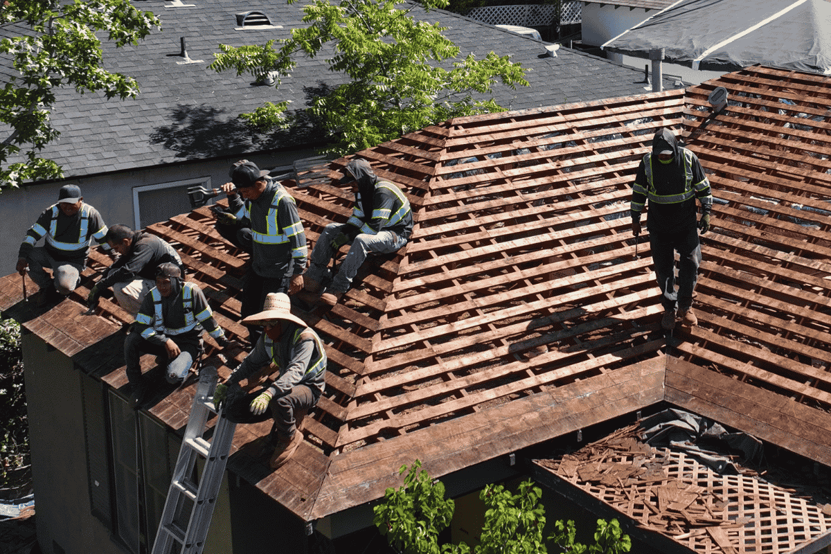 Method Roofing Group crew performing tear-off of an existing residential roof in Orange County.