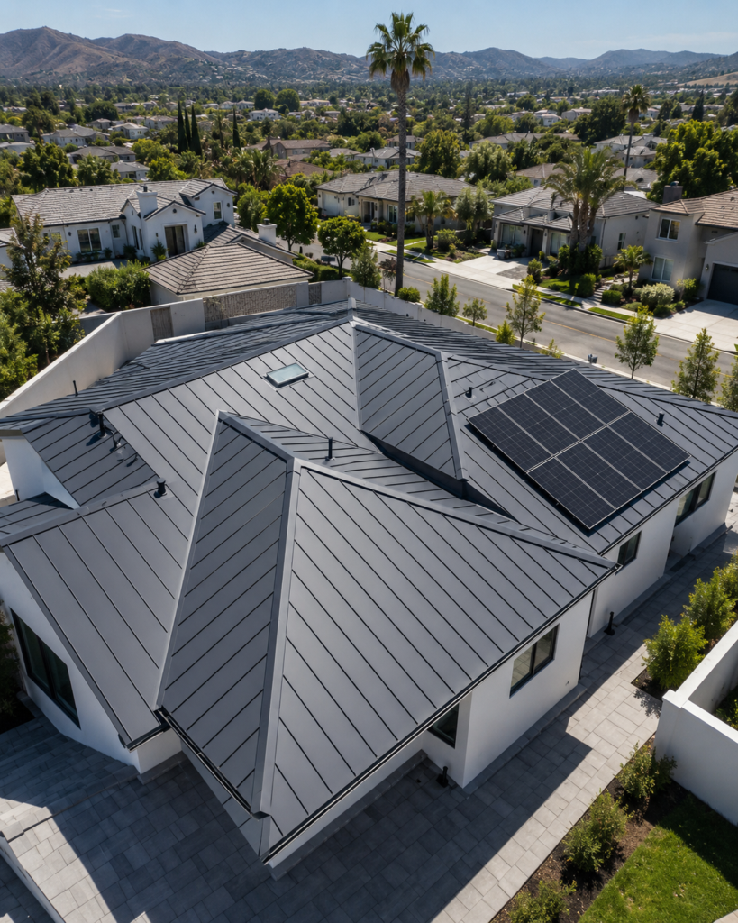 Aerial view of a charcoal standing seam metal roof on a contemporary Southern California residential home with solar panels.