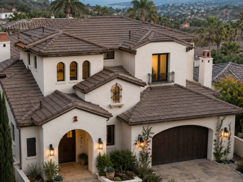Aerial view of a Mediterranean-style coastal Southern California home with a multi-tone stone-coated steel roof.