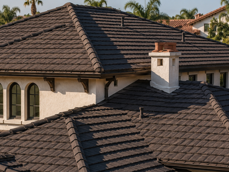 Multi-tone charcoal stone-coated steel roof with shake profile on a Mediterranean-style Southern California home.