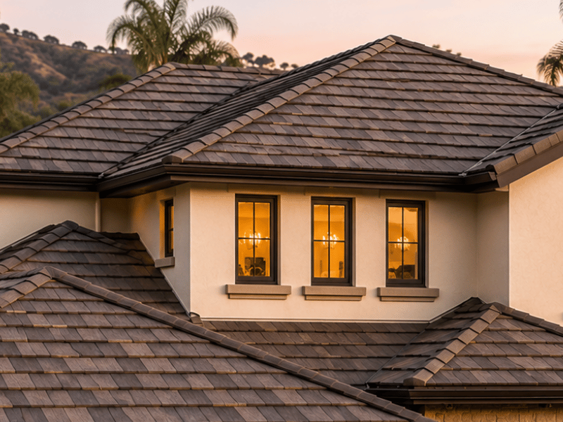 Multi-tone synthetic slate roof at golden hour on a Southern California home with hip roof architecture.