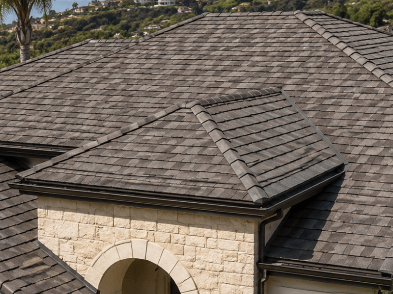 Multi-tone synthetic slate roof with blended brown and gray tones on a stone-clad Southern California home.