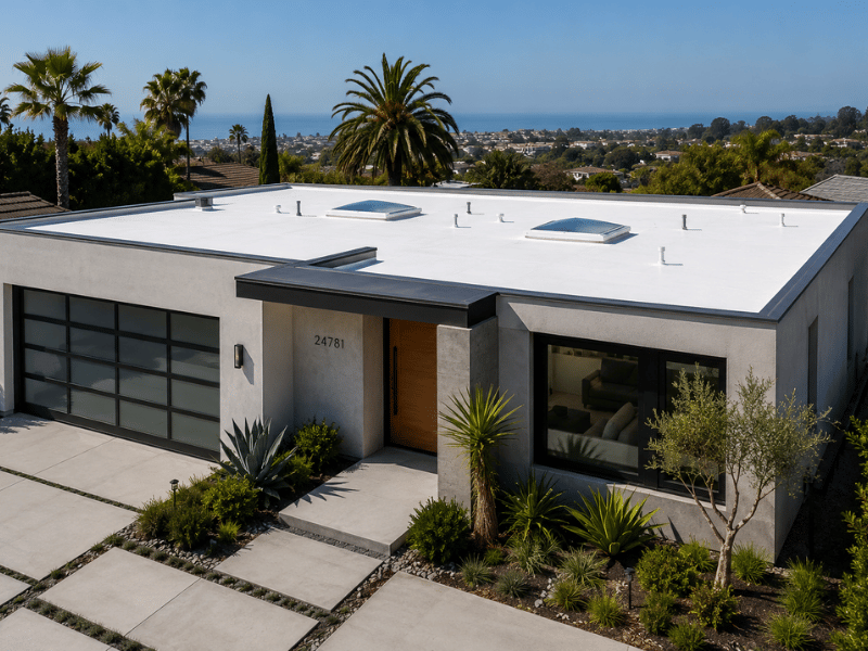 Aerial view of a contemporary Orange County home with a white TPO single-ply membrane flat roof overlooking the coast.