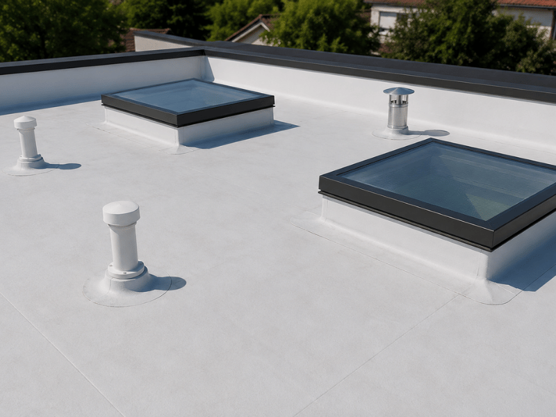 Close-up of a white TPO single-ply membrane flat roof showing skylights, vent pipe penetrations, and parapet edge detail.