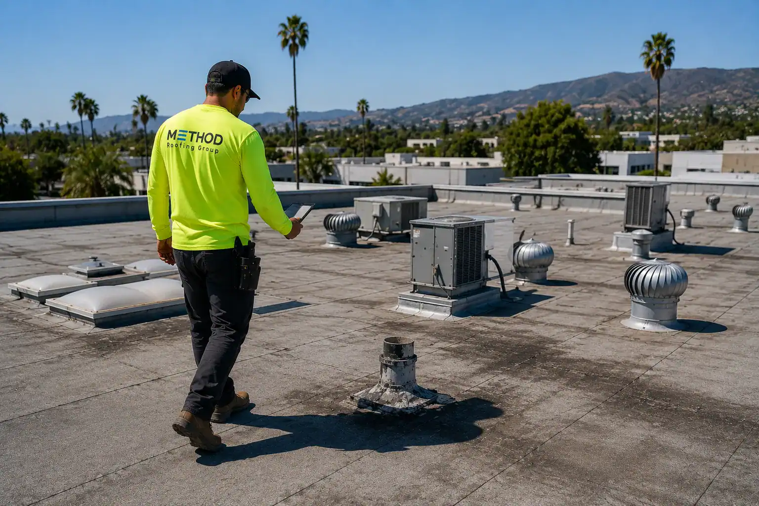 Method Roofing Group technician inspecting damaged commercial roof in Southern California — identifying common roof problems early.