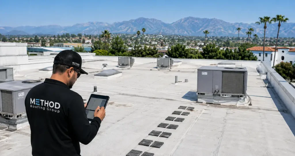 Method Roofing Group inspector documenting a commercial roof in Southern California