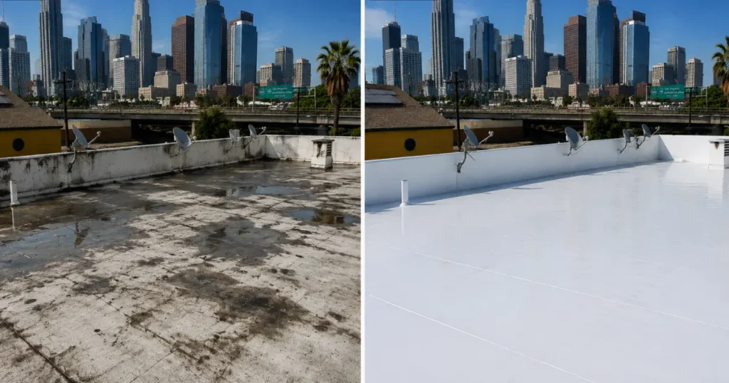 Before and after of a commercial flat roof restoration in downtown Los Angeles showing a weathered roof with ponding water transformed with a white reflective roof coating by Method Roofing Group