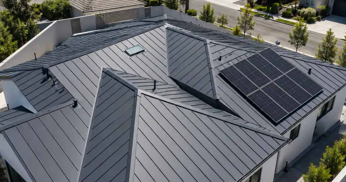 Aerial view of a charcoal standing seam metal roof on a contemporary Southern California residential home with solar panels.