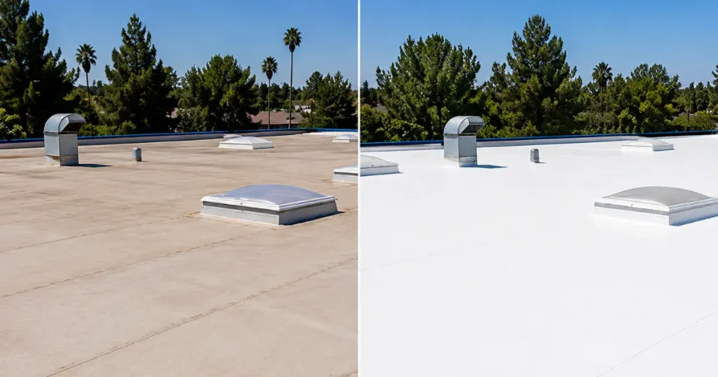 Before and after of a commercial flat roof restored with an acrylic roof coating system showing weathered substrate transformed with a white reflective finish by Method Roofing Group