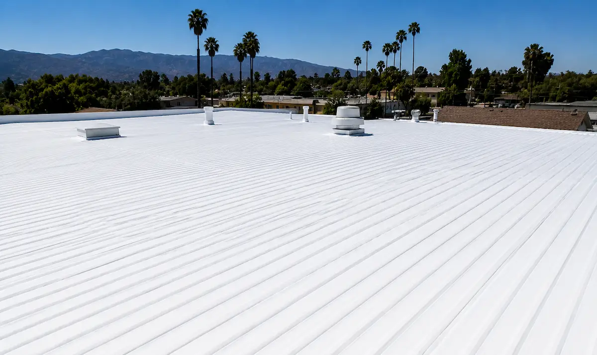 Completed acrylic roof coating on a commercial metal roof in Southern California showing a white reflective finish over ribbed metal panels by Method Roofing Group