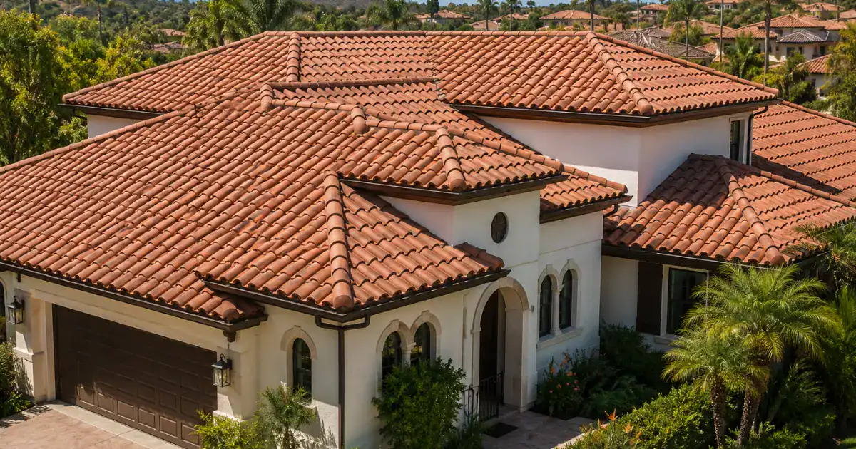 Spanish-style Southern California home with a blended-brown concrete barrel tile roof and arched stucco architecture.