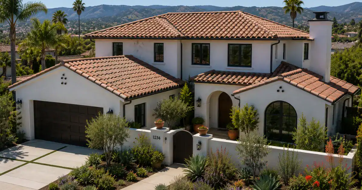 Spanish-style Southern California home with a blended-brown clay barrel tile roof and arched stucco architecture.