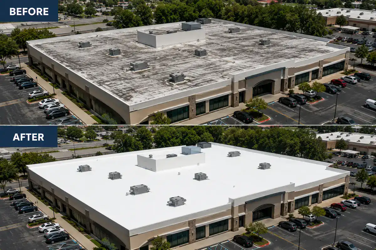 Before and after of a commercial flat roof restored with a reflective roof coating in Southern California by Method Roofing Group