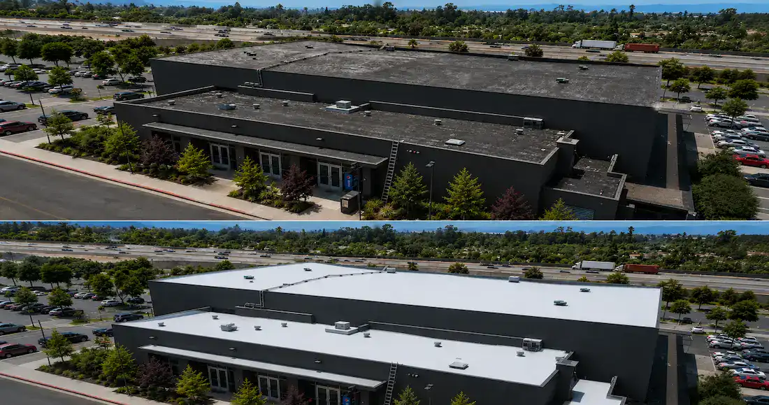 Large commercial building roof before and after a reflective coating restoration in Southern California by Method Roofing Group