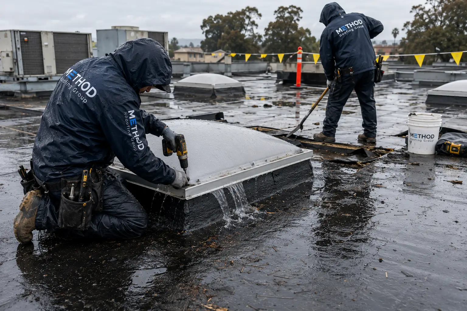 Commercial roof emergency tarping and skylight repair during an active storm in Southern California by Method Roofing Group