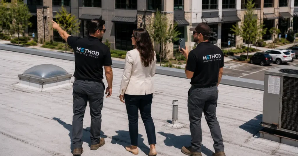 Method Roofing Group team members conducting a commercial roof inspection with a property manager on a modern commercial office building rooftop in Southern California
