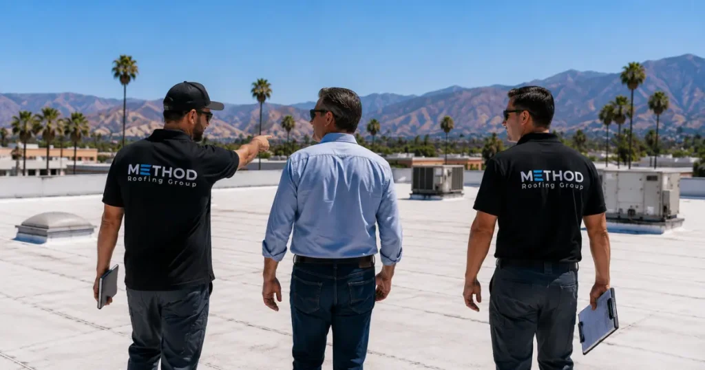 Method Roofing Group team members conducting a commercial roof inspection walkthrough with a property owner on a flat commercial roof in Southern California with mountains and palm trees in the background