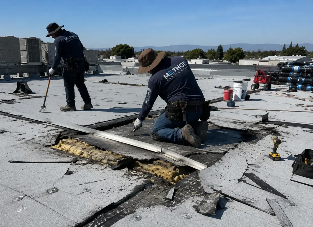 Method Roofing Group crew in branded uniforms performing active commercial roof repair with damaged membrane removal and substrate inspection on a flat commercial roof in Southern California