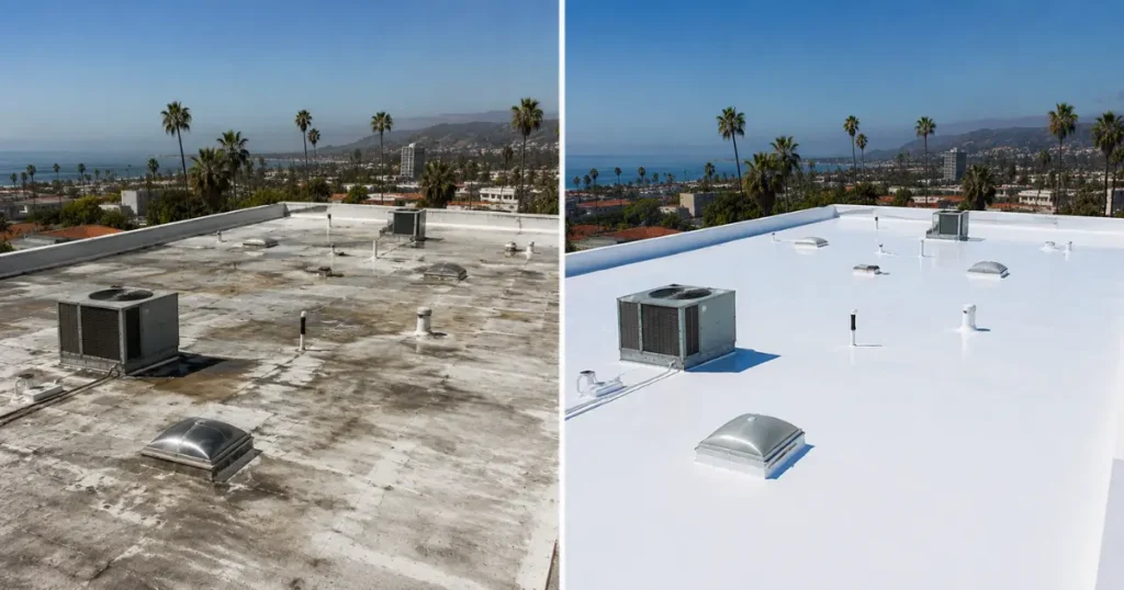 Before and after of a commercial flat roof restoration on a coastal Southern California building showing a weathered substrate transformed with a white reflective roof coating by Method Roofing Group