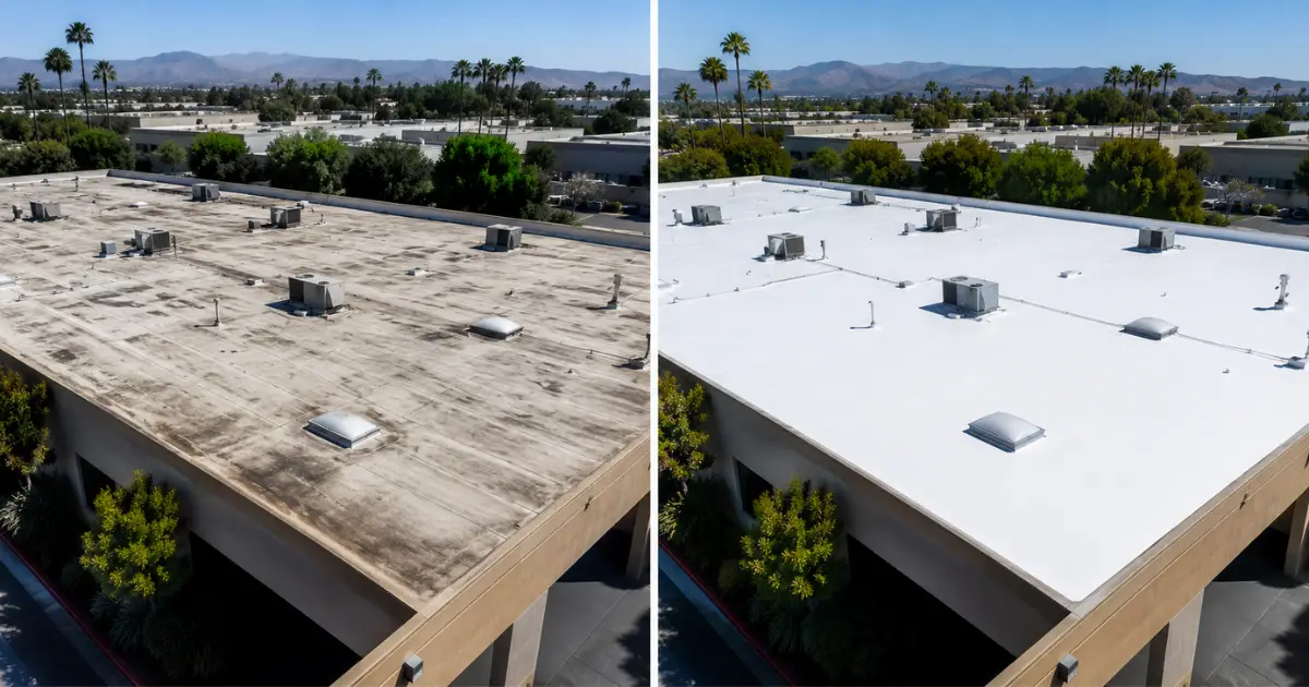 Before and after of a Southern California commercial flat roof restoration showing a weathered substrate transformed with a white reflective roof coating by Method Roofing Group