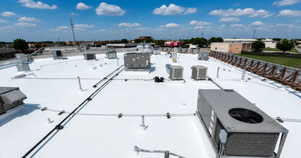 Completed silicone roof coating on a commercial flat roof in Southern California showing a clean white reflective finish over the existing substrate with rooftop HVAC equipment by Method Roofing Group