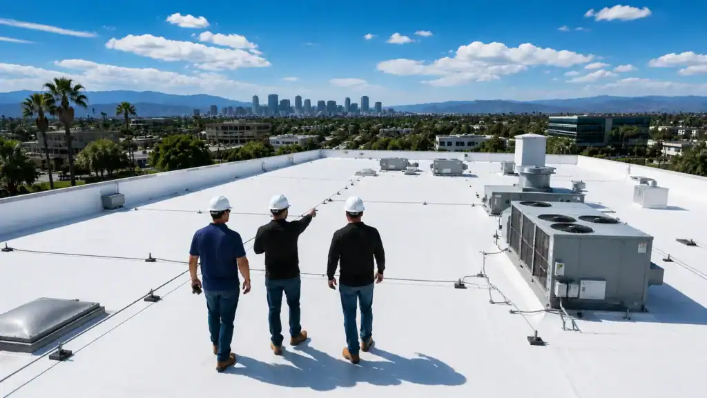 Method Roofing Group team performing a commercial roof inspection on a Southern California commercial property with los angeles skyline is in background