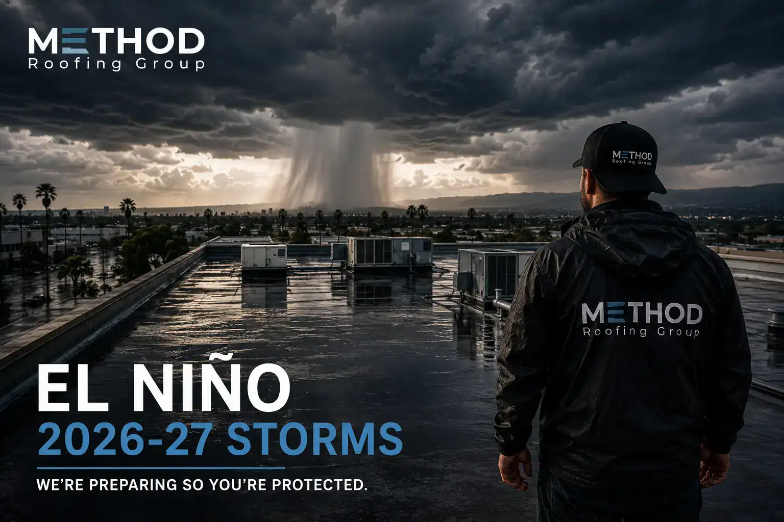 El Niño 2026-27 forecast map showing storm patterns approaching Southern California with above-normal rainfall expected — Method Roofing Group infographic.