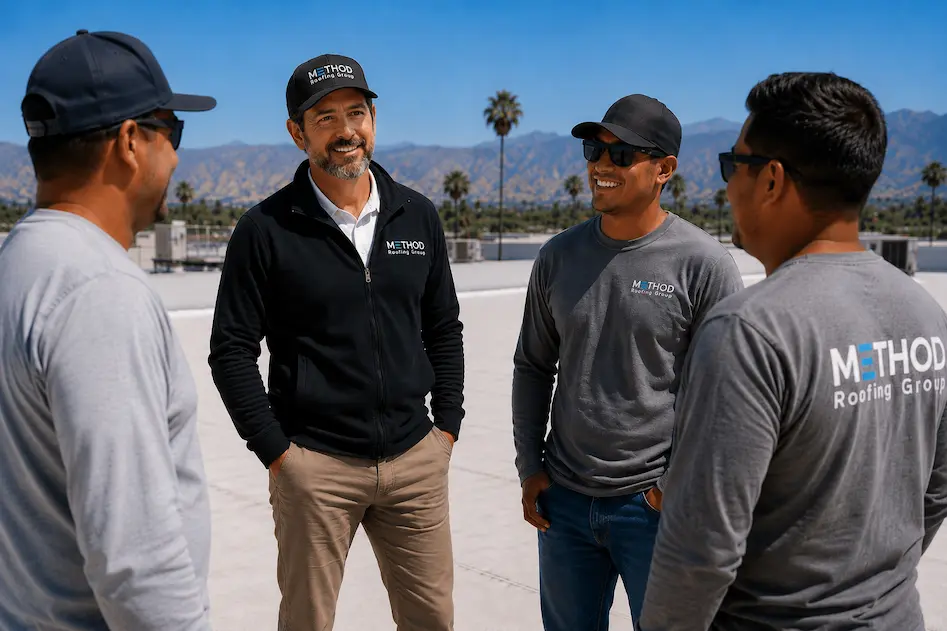 Jeff Moreno, founder of Method Roofing Group, leading the Method field crew on a Southern California commercial roof project