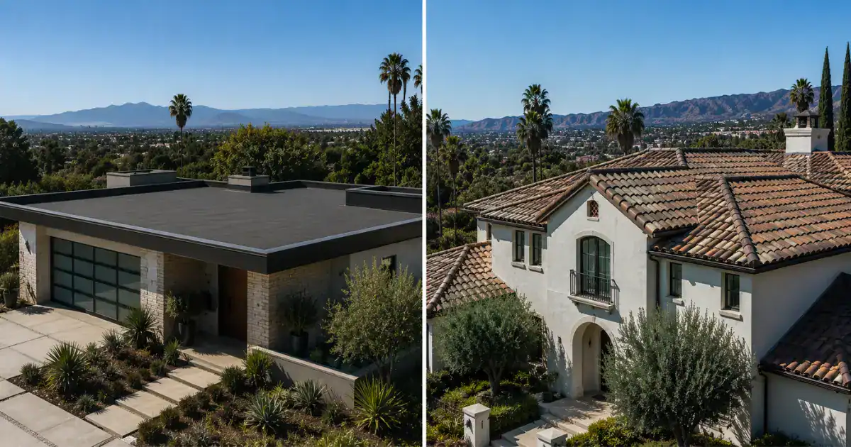 comparison of roofing types demonstrating low slope roof on the left and steep slope residential roof on the right