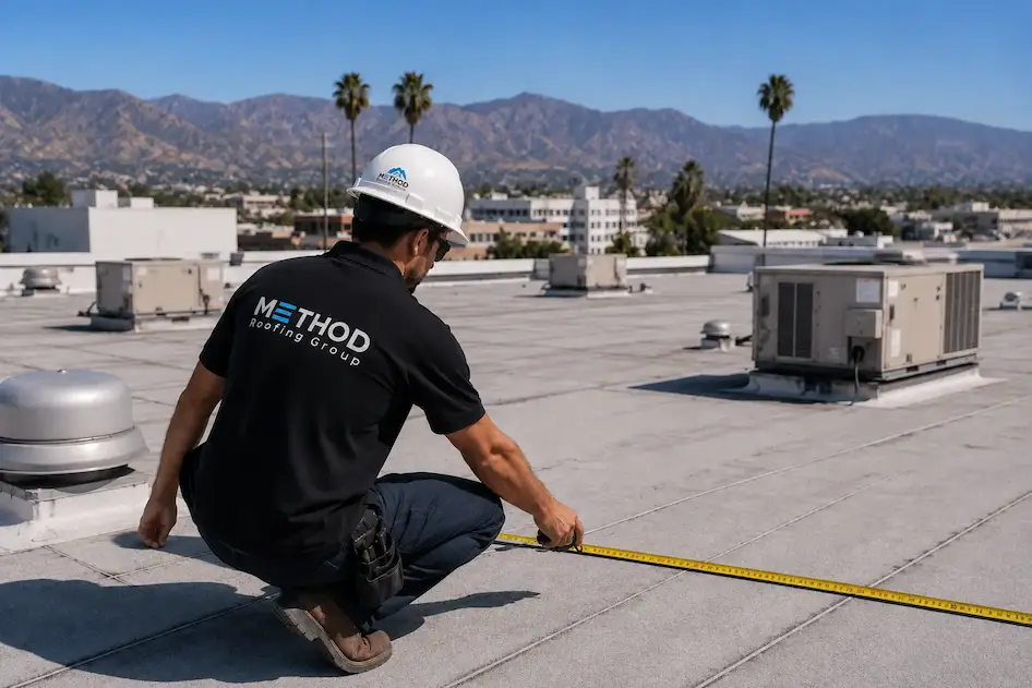 Method Roofing Group team member documenting a commercial roof inspection in Southern California with measurement and reporting