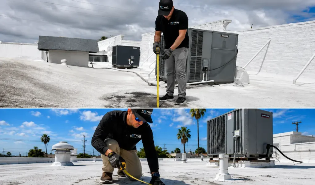 Before and after of a Southern California flat roof restoration showing weathered surface transformed with white reflective roof coating by Method Roofing Group