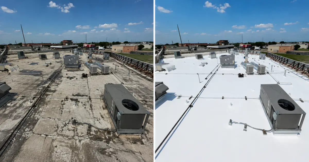 Before and after of a commercial flat roof restored with a silicone roof coating system showing weathered substrate transformed with a white reflective finish by Method Roofing Group