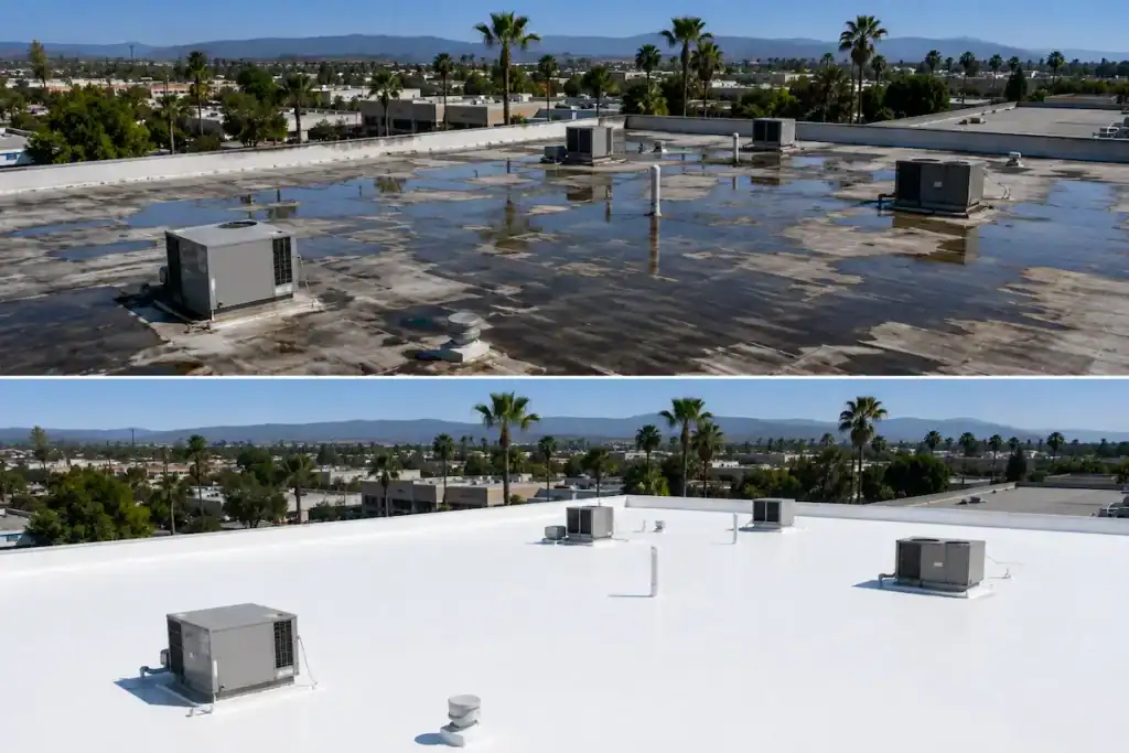 Before and after of a flat commercial roof with ponding water restored using a white silicone coating in Southern California by Method Roofing Group