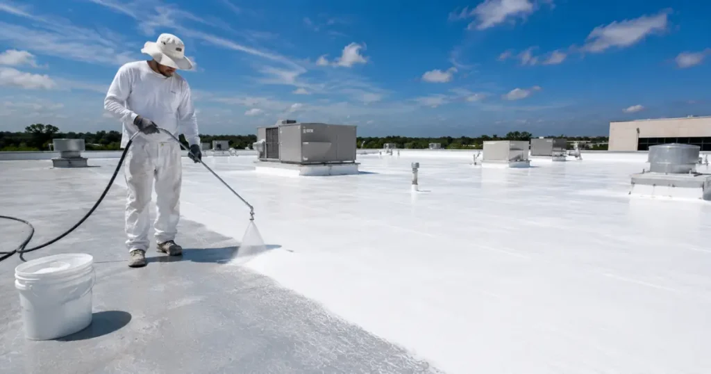 Method Roofing Group crew member applying a white silicone roof coating with an airless sprayer on a commercial flat roof in Southern California