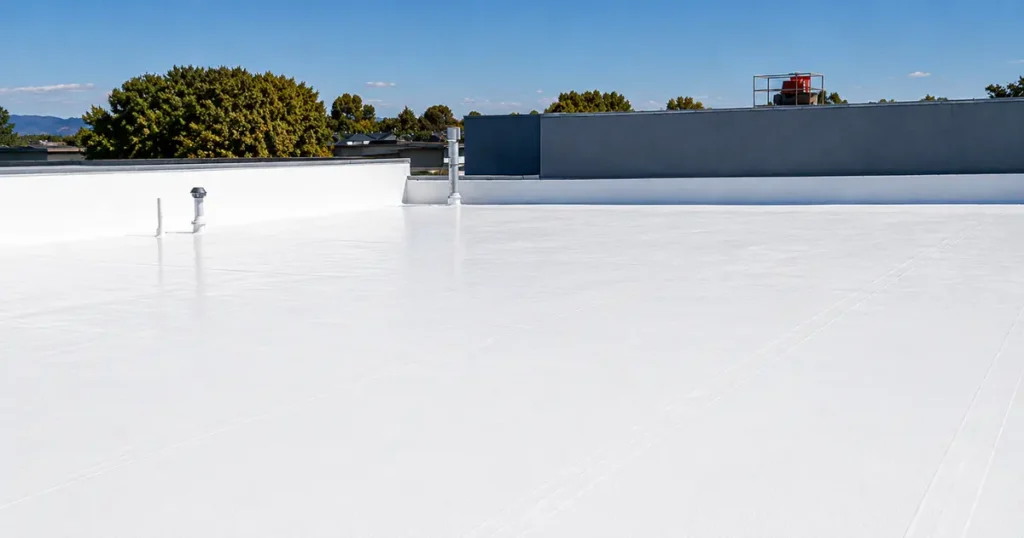 Completed spray polyurethane foam (SPF) roofing system showing a seamless white reflective surface on a commercial flat roof in Southern California by Method Roofing Group