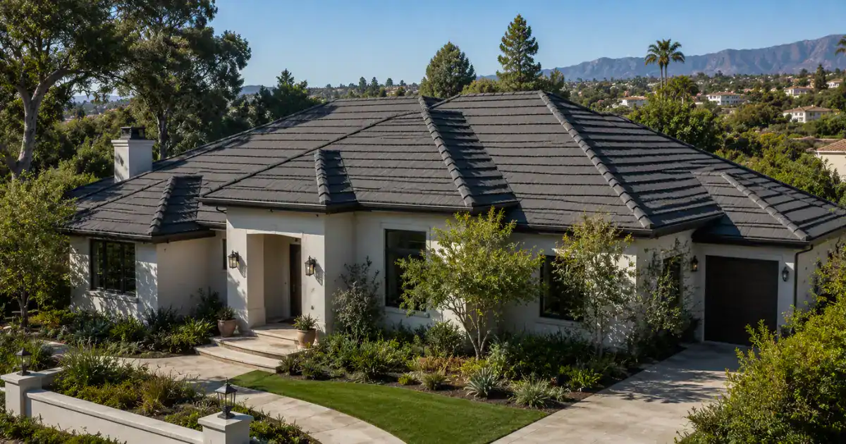 Stone coated steel roof on a residential luxury home in orange county