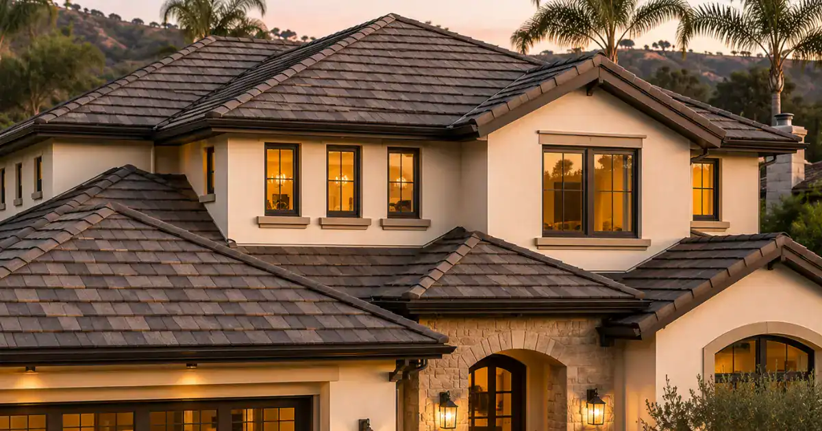 Multi-tone synthetic slate roof at golden hour on a Southern California home with hip roof architecture.