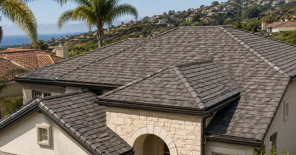 Multi-tone synthetic slate roof with blended brown and gray tones on a stone-clad Southern California home.