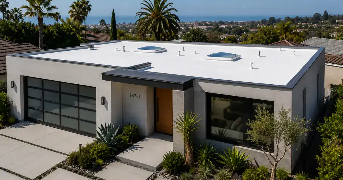 Aerial view of a contemporary Orange County home with a white TPO single-ply membrane flat roof overlooking the coast.