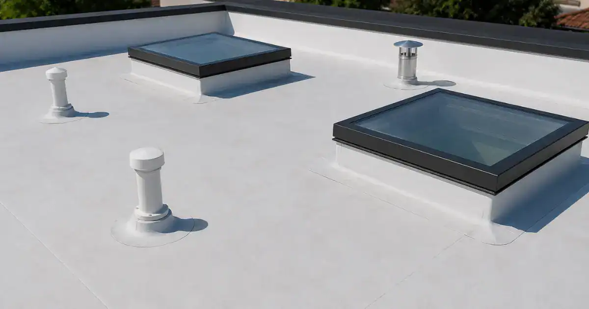 Close-up of a white TPO single-ply membrane flat roof showing skylights, vent pipe penetrations, and parapet edge detail.